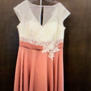 Tea length dusty rose and white lace dress